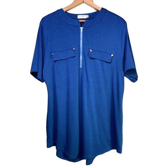 LuckyMore Tops - Elegant Blue Zip-Up Women's Blouse